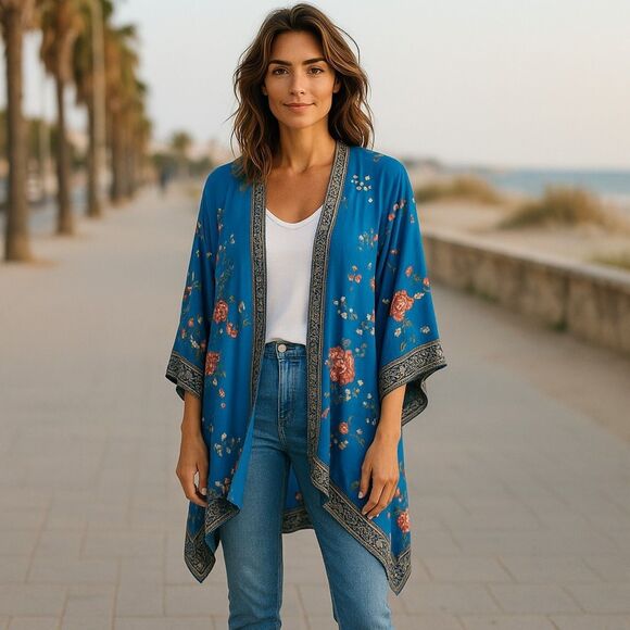 Flying Tomato Kimono Jacket Robe Kaftan Cover Up Blue Red Floral Sz S/M Boho - Picture 1 of 10